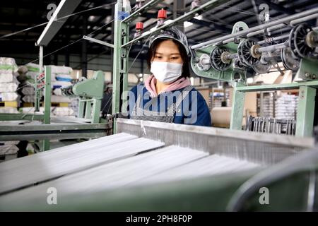 LIANYUNGANG, CHINE - le 27 MARS 2023 - Un travailleur fabrique des produits textiles sur une chaîne de production dans une entreprise privée de Lianyungang Economic and Technol Banque D'Images