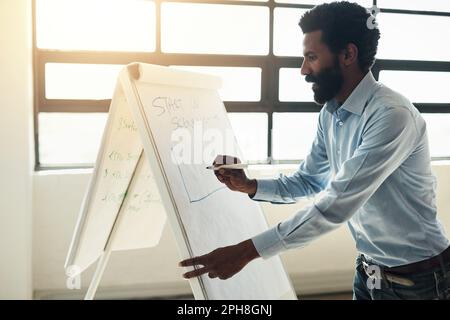 La réussite commence par une planification appropriée. un homme d'affaires brainstorming dans un bureau. Banque D'Images