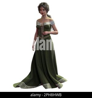 Femme de fantaisie médiévale à poil brun en robe longue verte avec circlet et couronne de fleurs sur fond blanc isolé, 3D Illustration, 3D rendu Banque D'Images