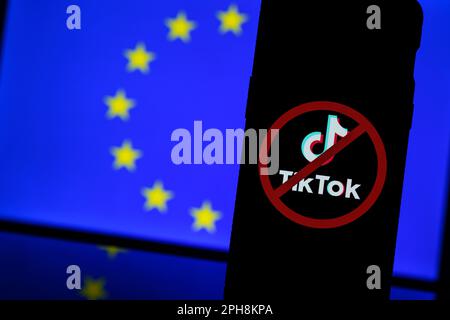 Kaunas, Lituanie - 2023 26 mars: Logo TikTok avec icône Ban en arrière-plan du drapeau de l'Union européenne. Sanctions contre Tik Tok. Photo de haute qualité Banque D'Images