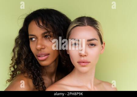 Femme portrait de beauté serré race mixte peau noire et peau blanche, deux femelles sur fond vert Banque D'Images
