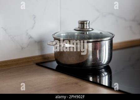 Pot métallique sur cuisinière à induction. Concept de cuisine à la maison Banque D'Images