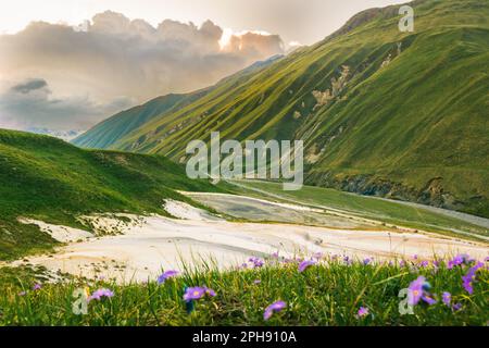 Monument naturel de travertin dans la pittoresque vallée de Truso en été. Destination de voyage célèbre dans le parc national de Kazbegi. Printemps dans le caucase Voyage ho Banque D'Images