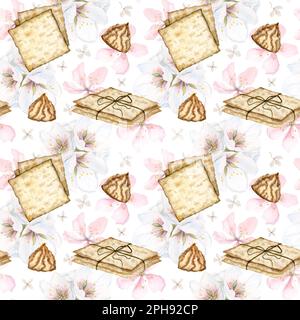 Motif Matzah sans couture pour la Pâque juive, mazzo carré aquarelle dessiné à la main avec fleurs d'amande et biscuits à la noix de coco pour l'emballage et l'accueil. Banque D'Images