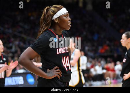 26 mars 2023: Les Cardinals de Louisville ont présenté Olivia Cochran (44) pendant le match de basket-ball final régional NCAA féminin entre Louisville et l'Iowa à l'aréna Climate gage à Seattle, en Australie occidentale. L'Iowa a battu Louisville 97-83 pour passer à la finale 4. Steve Faber/CSM Banque D'Images