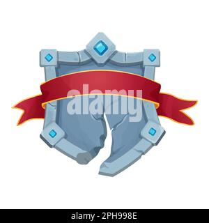 Battez Shield cadre en pierre avec bordure cassée et pierres gemmes, ruban rouge vide panneau de menu médiéval dans le style de dessin animé isolé sur fond blanc. Illustration vectorielle Illustration de Vecteur