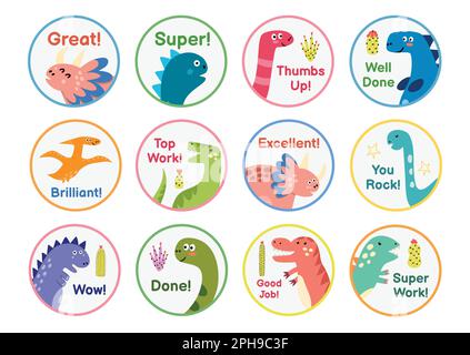 Collection d'autocollants de récompense avec de jolis dinosaures. Médailles des enseignants avec des dinos amusants Illustration de Vecteur