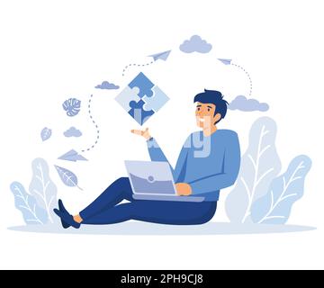 éléments de puzzle, personnes reliant des éléments de puzzle. Symbole du travail d'équipe, de la coopération, du partenariat, de l'illustration moderne à vecteur plat Illustration de Vecteur