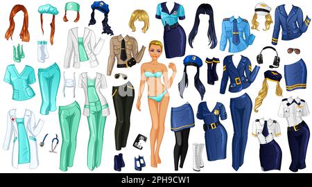 Joli dessin animé – poupée en papier de carrière avec tenues, coiffures et accessoires de Doctor, Policewoman et Pilot. Illustration vectorielle Illustration de Vecteur