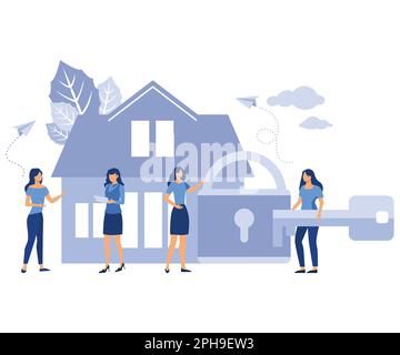 Immobilier clé en main et location, achat de maison, sécurité et sûreté. illustration moderne à vecteur plat Illustration de Vecteur