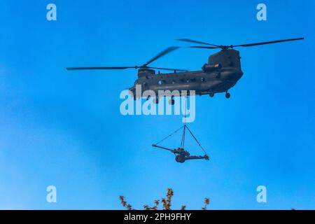 La Royal Air Force a exploité le Boeing CH47 Chinook (ZH897) en vol avec un canon de campagne de 105mm ou l'Artillerie royale. Banque D'Images