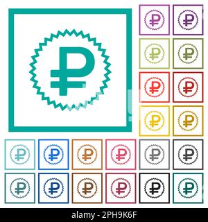 Autocollant ruble russe alternant des icônes de couleur plate avec des cadres quadrants sur fond blanc Illustration de Vecteur
