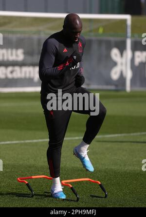 Tubize, Belgique. 27th mars 2023. Romelu Lukaku de Belgique photographié en action lors d'une session d'entraînement de l'équipe nationale belge de football Red Devils, lundi 27 mars 2023, au siège de la Royal Belgian football Association RBFA à Tubize. Les Red Devils se préparent à un match amical de demain contre l'Allemagne. BELGA PHOTO VIRGINIE LEFOUR crédit: Belga News Agency/Alay Live News Banque D'Images