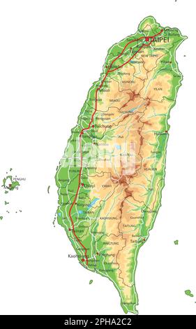 Carte physique Taïwan très détaillée avec étiquetage. Illustration de Vecteur