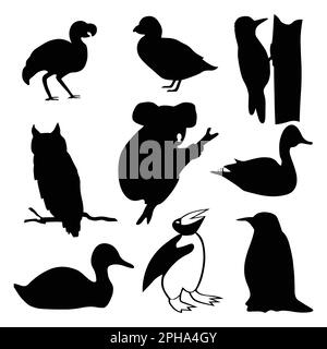 Ensemble vectoriel de silhouettes noires de différents oiseaux sur fond blanc Illustration de Vecteur