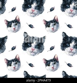Bicolore noir et blanc visages de chat et jouet souris sans couture motif. Aquarelle sur fond blanc. Graphique pour tissu, papier d'emballage Banque D'Images
