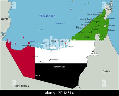 Emirats Arabes Unis carte politique très détaillée avec drapeau national isolé sur fond blanc. Illustration de Vecteur