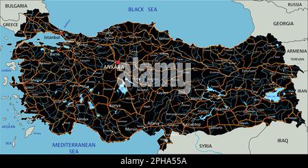 Feuille de route de la Turquie très détaillée avec étiquetage. Illustration de Vecteur