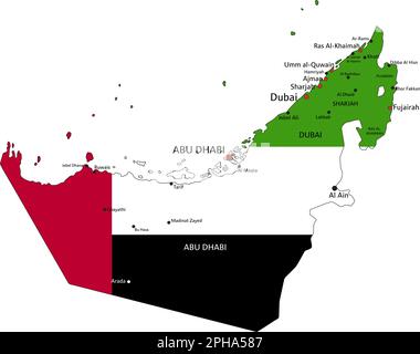 Emirats Arabes Unis carte politique très détaillée avec drapeau national isolé sur fond blanc. Illustration de Vecteur