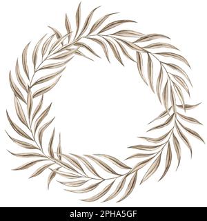 Cadre rond aquarelle en feuilles sèches. Cadre en forme de cercle, pour la conception de cartes de vœux de mariage, d'affiches Banque D'Images