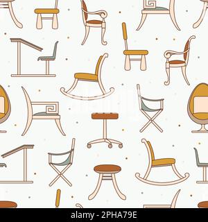 Chaises et fauteuils à motifs sans couture. Éléments intérieurs de couleur boho sur fond de points. Différents types de fauteuil, mobilier. Ordinateur, enfants, campi Illustration de Vecteur