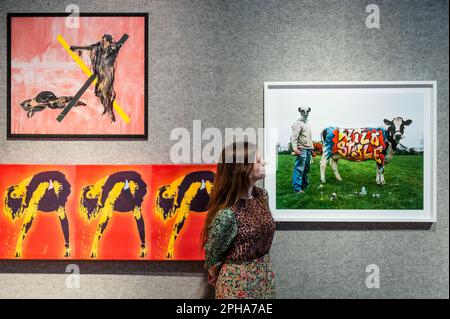 Londres, Royaume-Uni. 27th mars 2023. Tim Walker, Banksy et son Wild style Cow. Oxfordshire, 2007, 2019, est £8 000 et autres travaux - £12 000 - Aperçu de Bonhams britannique. Froid. vente. La vente a lieu le 29 mars à New Bond Street. Crédit : Guy Bell/Alay Live News Banque D'Images