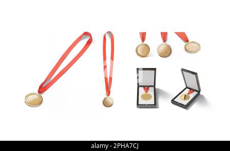 Médaille d'or vierge avec maquette de ruban rouge, vues différentes Banque D'Images