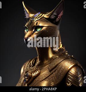 Bastet - une illustration numérique d'une divine déesse féline de l'Égypte ancienne en armure d'or Banque D'Images