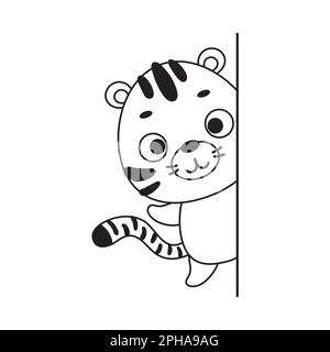 Page de coloriage mignon petit tigre peeking autour du coin. Livre de coloriage pour enfants. Activité éducative pour les enfants d'âge préscolaire et les tout-petits avec mignon an Illustration de Vecteur