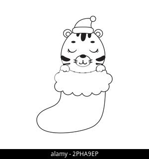 Page de coloriage mignon petit tigre dans la chaussette de Noël. Livre de coloriage pour enfants. Activité éducative pour les enfants d'âge préscolaire et les tout-petits avec un animal mignon Illustration de Vecteur