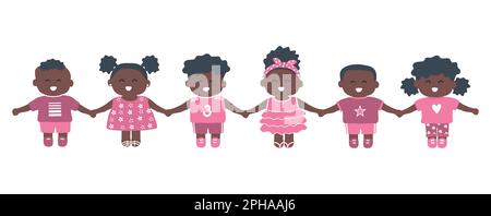 Les enfants noirs tiennent les mains. Bébés filles et bébés garçons. Personnages de dessin animé mignons. Illustration vectorielle Illustration de Vecteur