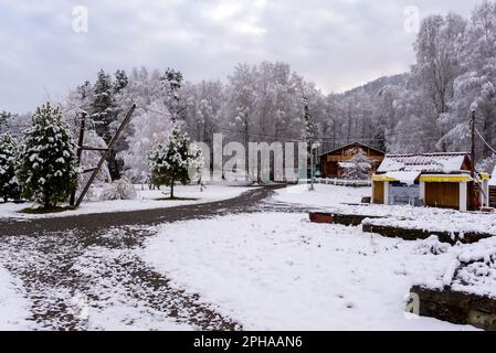 La route entre le site du village à snenghu près de la forêt en hiver dans l'Altaï en Sibérie. Banque D'Images