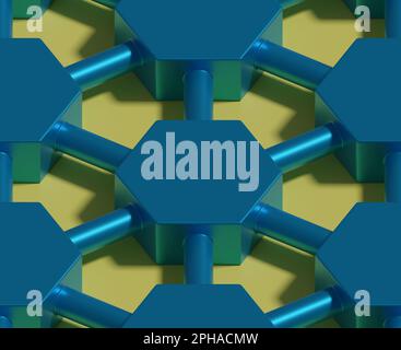 Prismes hexagonaux bleus interconnectés par des tuyaux à motif sans couture. Arrière-plan isométrique. 3d illustration. Banque D'Images