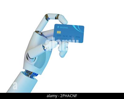 Main robotique avec carte de crédit isolée sur fond blanc. 3d illustration. Banque D'Images