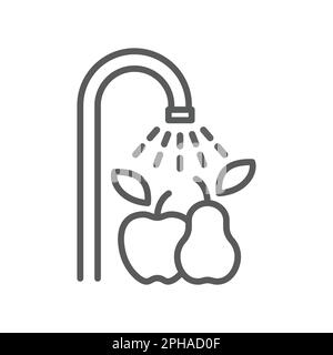 Lavez bien avant de manger l'étiquette vectorielle. Icône du robinet d'eau et de la ligne de fruits. Illustration de Vecteur