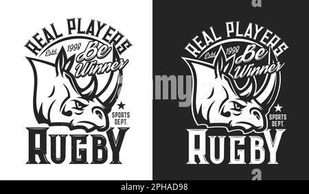 Mascotte de Rhino, imprimé t-shirt du club de rugby et emblème du vecteur de la ligue de football. Écusson Angry rhinoceros mascotte pour club de rugby ou var Illustration de Vecteur