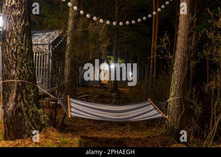 Un hamac rayé est suspendu entre les arbres sous les guirlandes la nuit, près des maisons de vacances de l'Altaï. Banque D'Images