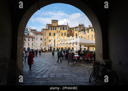 Piazza Anfiteatro, maisons construites sur les fondations d'un amphithéâtre romain dans la ville encore fortifiée de Lucques en Toscane, Italie Banque D'Images