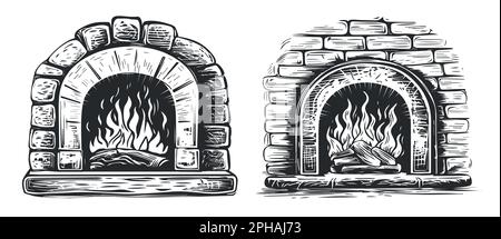 Feu chaud dans la cheminée en pierre. Le bois de chauffage brûle dans un four en brique de style esquisse. Illustration vectorielle gravée Illustration de Vecteur