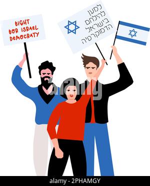 Manifestations en Israël. Un groupe de manifestants avec des drapeaux israéliens pour la démocratie. Traduction de la lutte hébraïque pour la démocratie d'Israël. Protestation contre la réforme judiciaire. Illustration de Vecteur