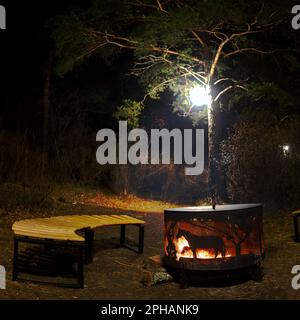 Un foyer, un foyer en métal entouré de bancs en bois, avec une figure de cheval, se dresse la nuit dans l'obscurité sous un arbre avec une lanterne en sapin Banque D'Images