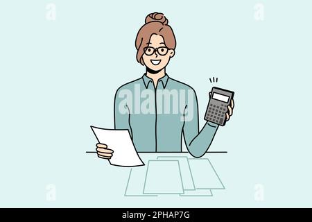 Une femme comptable souriante s'assoit à la réception dans le bureau pour calculer les taxes sur la machine. Une femme heureuse gère les dépenses de compte de budget sur le calculateur. Illustration vectorielle. Illustration de Vecteur