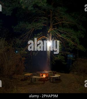 Un foyer, un foyer en métal entouré de bancs en bois, se dresse la nuit sous un arbre avec une lanterne avec un feu sur les rives de la rivière Katun dans Un Banque D'Images