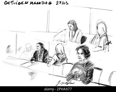 Ce dessin de Jonathan de Cesare montre les témoins lors d'une session du procès des attentats de 22 mars 2016, au tribunal d'assises de Bruxelles-capitale, le lundi 27 mars 2023, sur le site de Justitia à Haren, Bruxelles. Sur 22 mars 2016, 32 personnes ont été tuées et 324 ont été blessées lors d'attentats suicide à l'aéroport national de Zaventem et à la station de métro Maalbeek/Maelbeek, qui ont été revendiqués par l'ISIL. BELGA PHOTO JONATHAN DE CESARE Banque D'Images