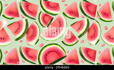 Un tableau aquarelle coloré et vibrant représentant une étendue de tranches de pastèque mûres Banque D'Images