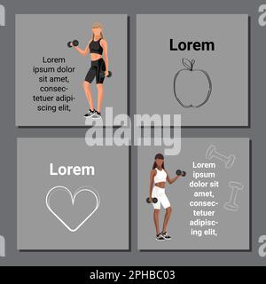 Jeu d'affiche de carte de fitness avec des femmes caucasiennes et africaines américaines dans des vêtements de sport debout avec des haltères et le coeur, pomme sur fond gris avec texte d'espace de copie. Illustration vectorielle Illustration de Vecteur