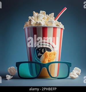 seau de pop-corn avec verres sur fond bleu ciel Banque D'Images