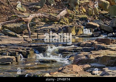 Une longue exposition de Wolf Creek un cours d'eau fluide avec de petites cascades en cascade sur une colline rocheuse de soubassement. À Ridgefield, New Jersey, États-Unis. Banque D'Images