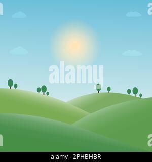 Illustration vectorielle de beaux champs d'été paysage vert collines bleu ciel dans le style de dessin animé Illustration de Vecteur