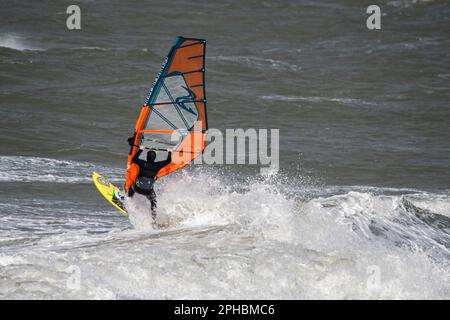 Planche à voile sportive en combinaison noire pratiquant la planche à voile classique le long de la côte de la mer du Nord par temps venteux pendant la tempête d'hiver Banque D'Images